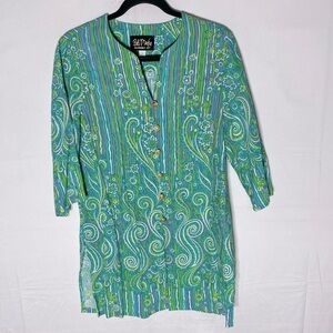 Vintage Bob Mackie Green Blue Bold Print Button Front Long Sleeve Tunic Top S